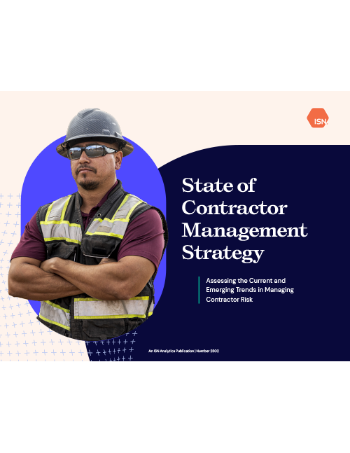 A worker in a safety vest and hard hat stands against a graphic background, with the title "State of Contractor Management Strategy" displayed.
