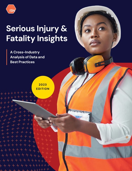Cover of "Serious Injury & Fatality Insights 2023 Edition," featuring a person in safety gear holding a tablet, emphasizing industry safety practices.